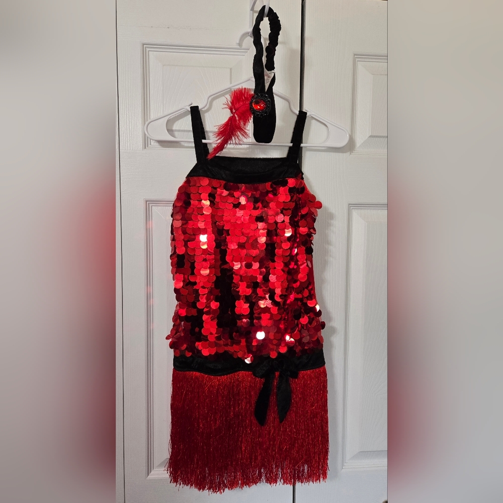 Red Sequin Flapper Girl Kids Costume with Feather Boa & Headband, Med (10-12) - Picture 2 of 15